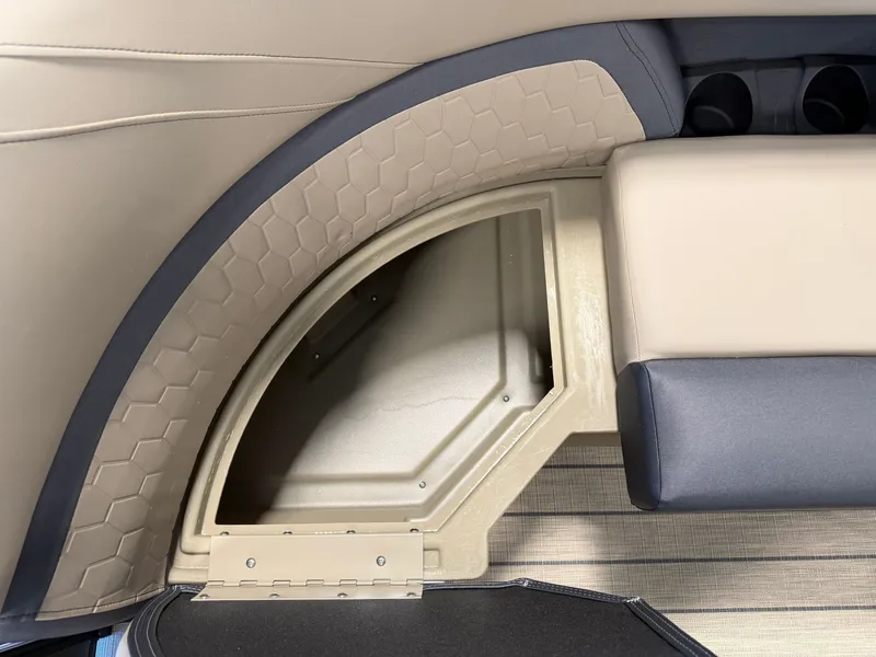Slide: The Image of A sleek storage compartment with cushioned seating and hexagonal pattern design. - 11