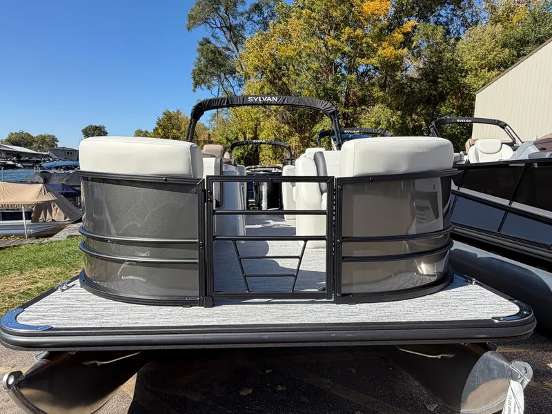 Slide: The Image of 2027 Sylvan Mirage 822 LZ pontoon boat with spacious deck and comfortable seating. - 1