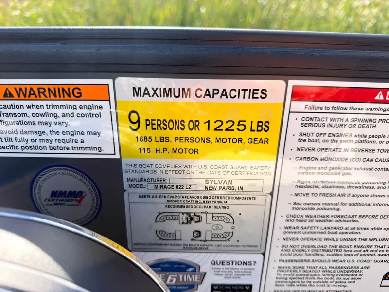 Slide: The Image of Sign on a boat with capacity warnings and safety information. - 41