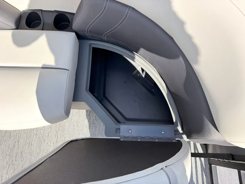 Slide: The Image of The 2027 Sylvan Mirage 822 LZ features a sleek seating arrangement with integrated storage. - 21