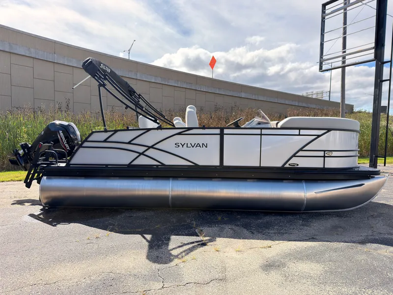 Slide: The Image of A 2027 Sylvan Mirage 820 CLZ DH pontoon boat is parked on a lot. It features a modern design with an outboard motor. - 3