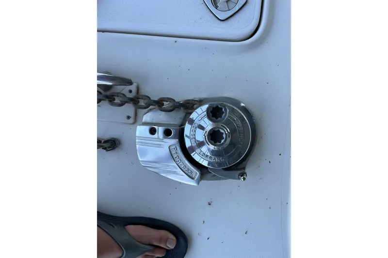 Slide: The Image of Anchor windlass on 2001 Sea Ray 340 Sundancer boat deck. - 37