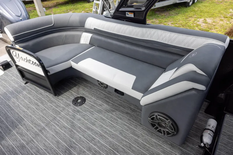 Slide: The Image of Luxurious seating on 2026 Premier 270 Intrigue GTS RF boat with elegant gray upholstery. - 14
