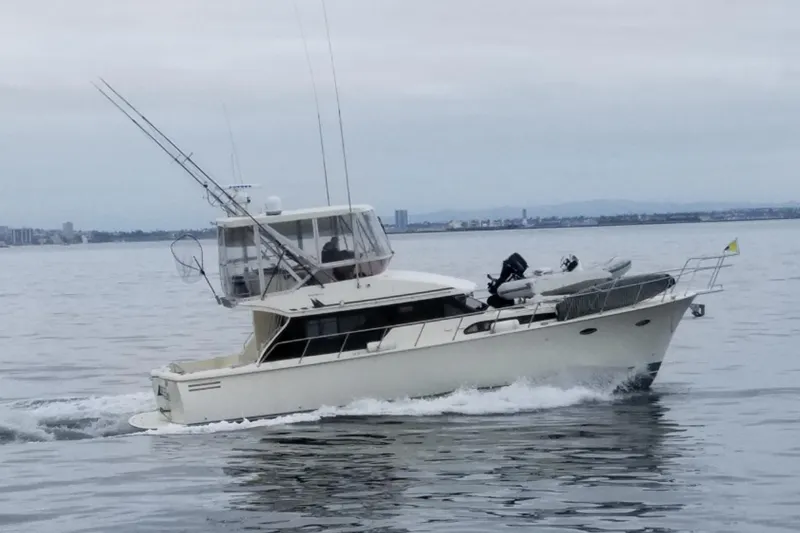 Slide: The Image of 1998 Mikelson 43 Sportfisher cruising on calm waters, cityscape in the background. - 6