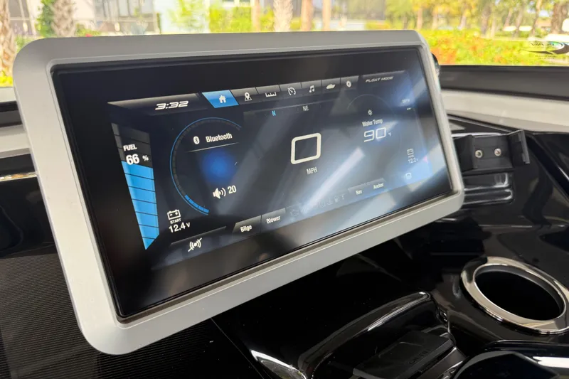 Slide: The Image of Touchscreen display on 2022 Yamaha Boats 252SD showing fuel, Bluetooth, and water temperature. - 38