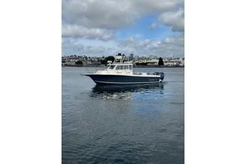 Slide: The Image of 2023 Defiance Guadalupe 290 EX boat on calm water under cloudy sky. - 2