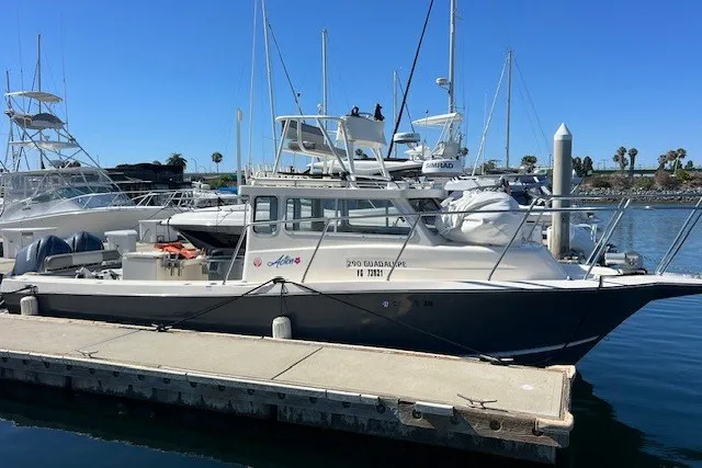 The Image of 2023 Defiance Guadalupe 290 EX boat docked at marina under clear blue sky. - 0