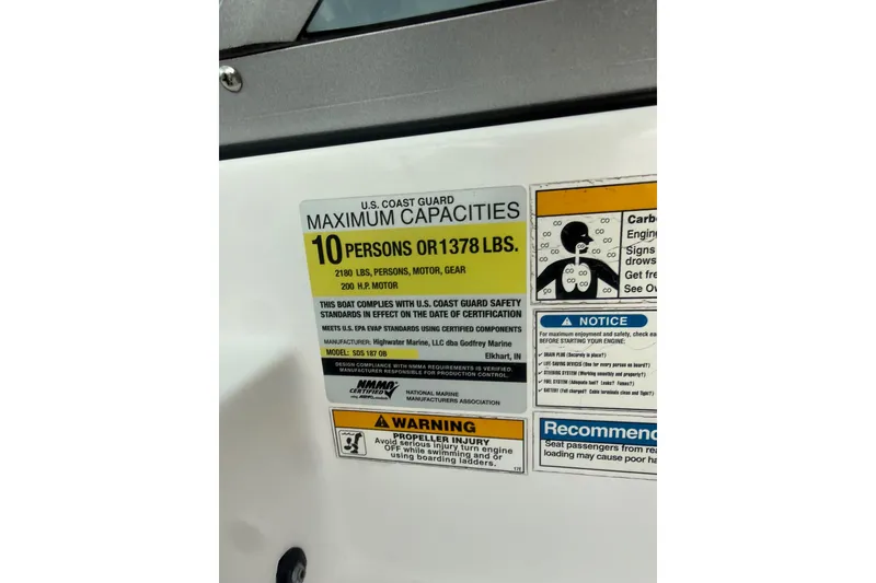 Slide: The Image of 2017 Hurricane SunDeck 187 OB capacity label: 10 persons or 1378 lbs, 200 HP motor. - 16