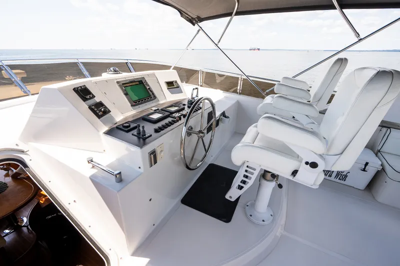 Slide: The Image of Helm of 2003 Symbol 56 yacht with modern controls and white captain's chairs. - 30