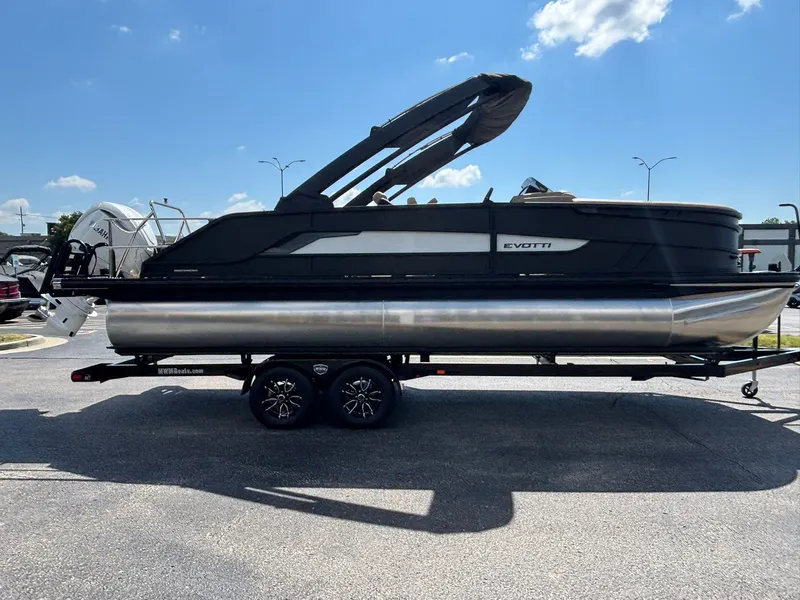 Slide: The Image of The image shows an Evotti 723 CS pontoon boat from 2027 on a trailer. - 5