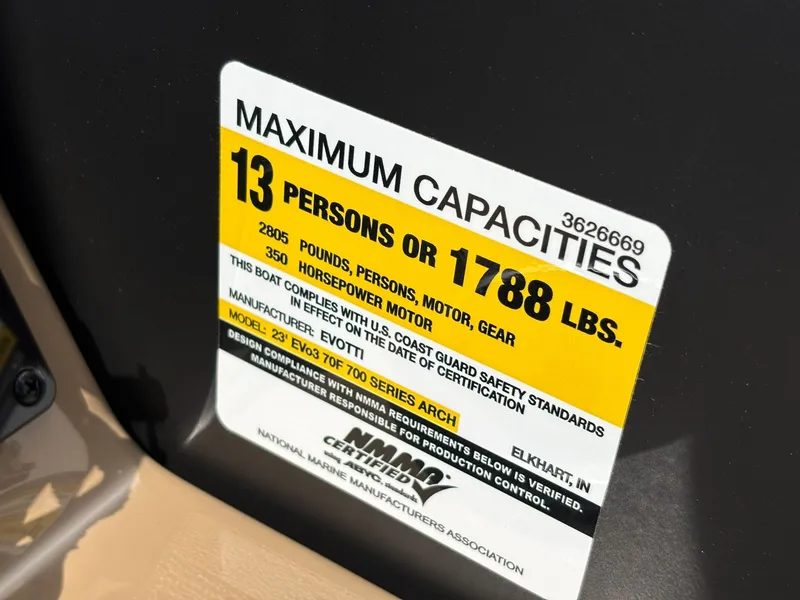 Slide: The Image of Sign shows maximum capacity of 13 persons or 1788 pounds for Evotti 723 CS, year 2027. - 23