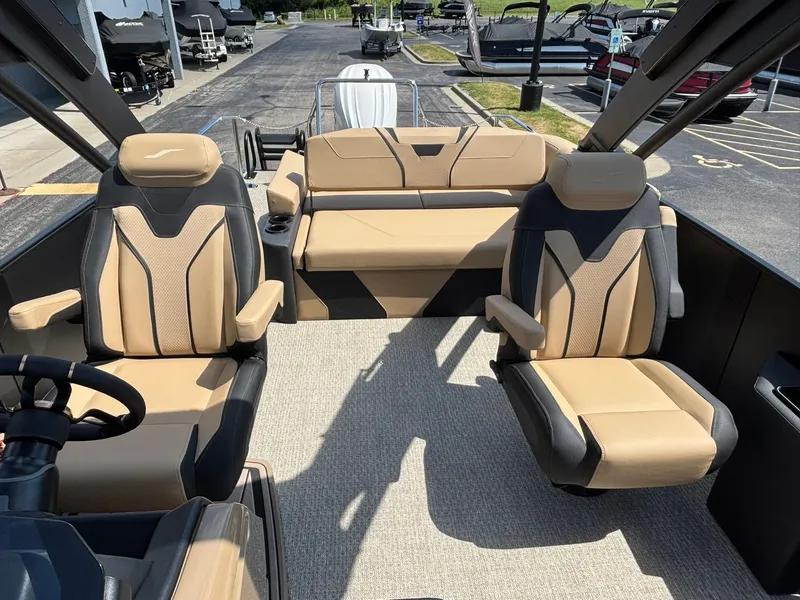 Slide: The Image of Interior of a 2027 Evotti 723 CS with modern seating and carpeted flooring. - 17