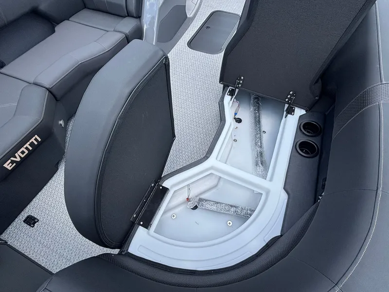 Slide: The Image of Interior view of an Evotti 521 QL boat with gray upholstery and storage space. - 12