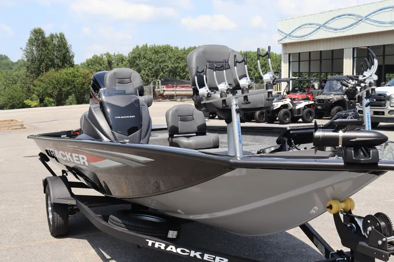 Slide: The Image of 2026 Tracker Pro Team 175 Crappie Edition boat on trailer, outdoor display. - 3