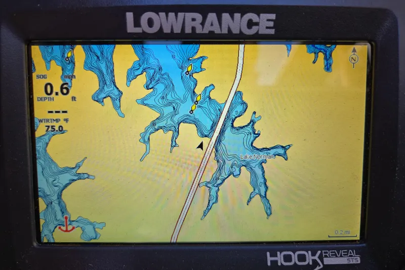 Slide: The Image of Lowrance GPS display showing Lake Norman map on a 2024 Godfrey Sweetwater 2486 SB. - 38