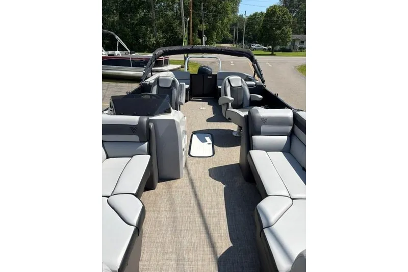 Slide: The Image of 2023 Viaggio Lago 22U Tri Toon Mercury 150 interior with spacious seating and modern design. - 3