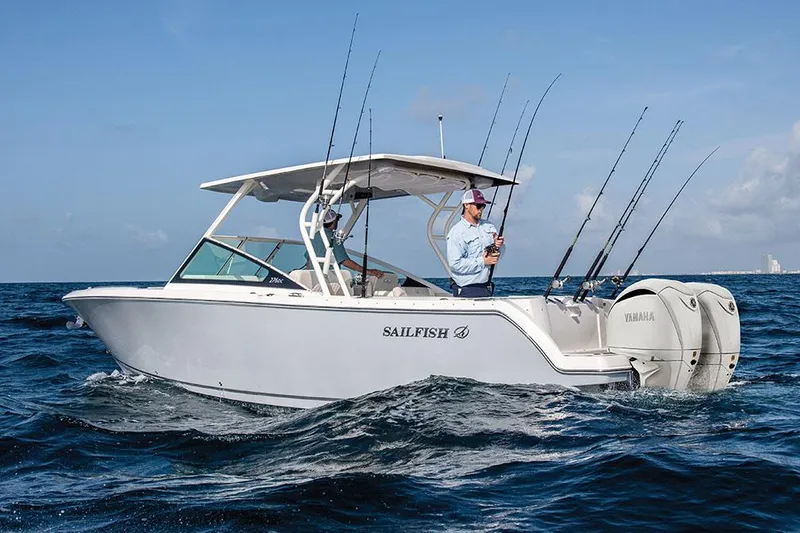 The Image of Manufacturer Provided Image: 2026 Sailfish 276 DC boat on ocean, equipped for fishing, with person onboard. - 0
