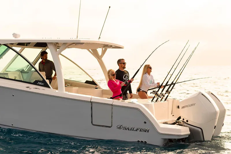 Slide: The Image of Manufacturer Provided Image: Four people fishing on a 2026 Sailfish 316 DC boat in open water. - 5
