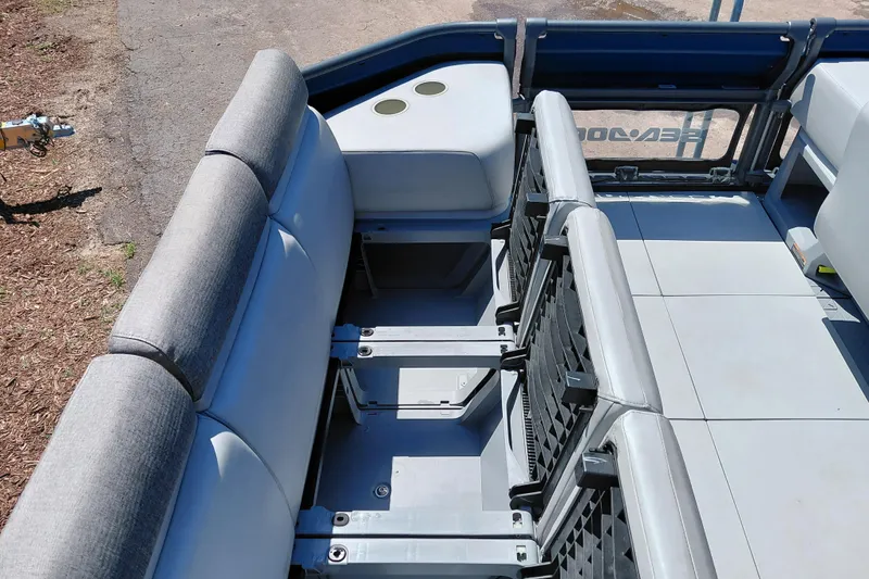 Slide: The Image of 2024 Sea-Doo Switch Cruise 18 interior seating and deck layout. - 17