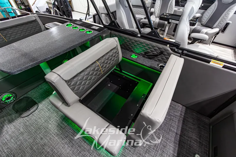 Slide: The Image of Luxurious interior of 2026 Godfrey Sanpan 2700 MTF pontoon boat with modern seating and ambient lighting. - 29