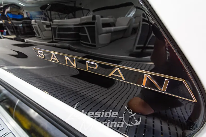 Slide: The Image of Close-up of 2026 Godfrey Sanpan 2700 MTF boat logo with sleek black finish. - 9