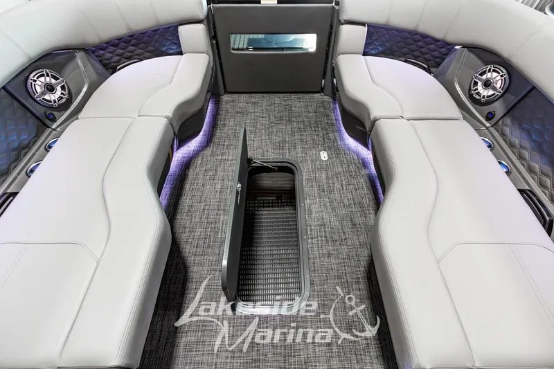 Slide: The Image of Luxurious interior of 2026 Godfrey Sanpan 2700 MTF pontoon boat with plush seating. - 23