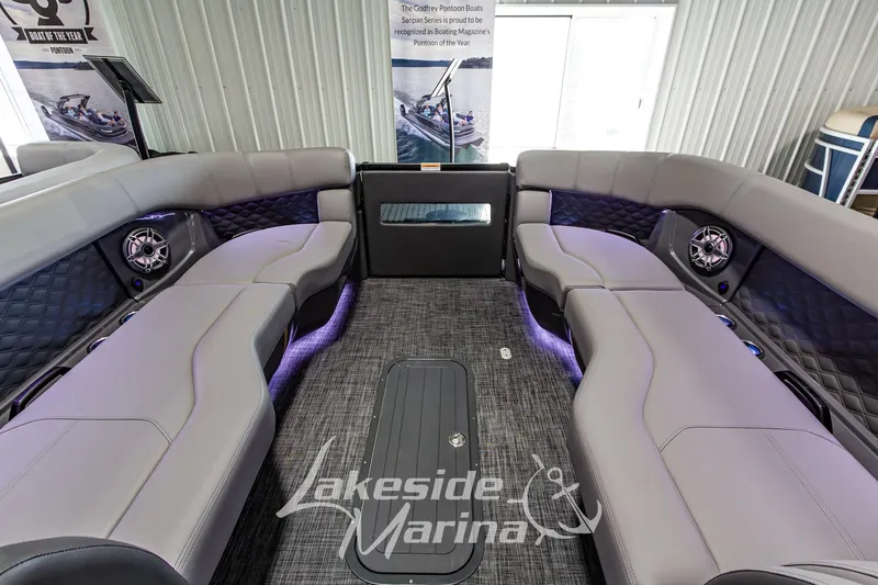 Slide: The Image of Luxurious interior of 2026 Godfrey Sanpan 2700 MTF pontoon boat at Lakeside Marina. - 22