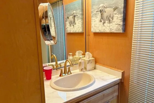 Slide: The Image of Bathroom interior of 2007 Sumerset 18x86 houseboat with sink, mirror, and dog artwork. - 10