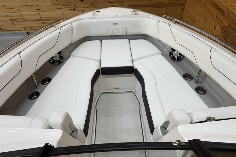 Slide: The Image of Luxurious 2025 Regal LS6 boat interior with white seating and modern design. - 11