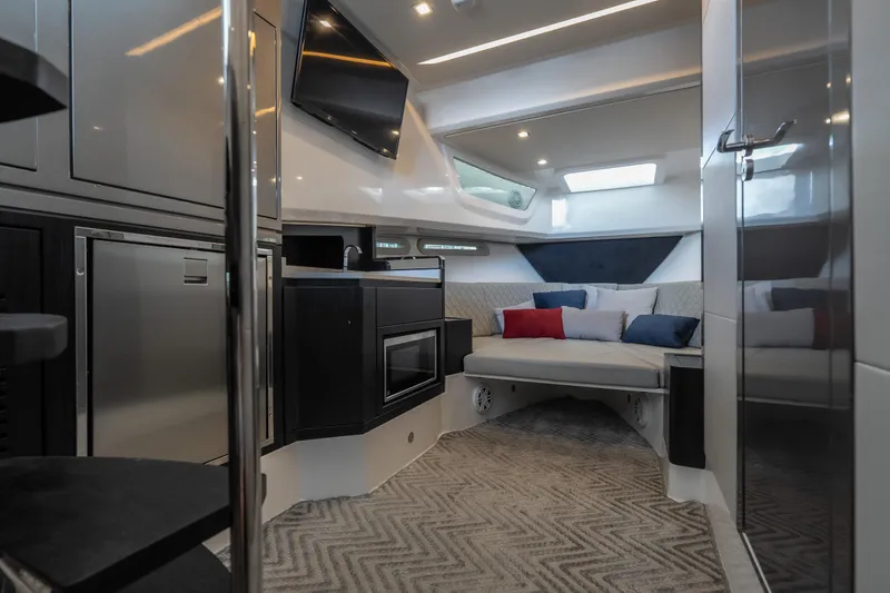 Slide: The Image of Luxurious interior of 2024 Schaefer 375 yacht with modern amenities and stylish design. - 33