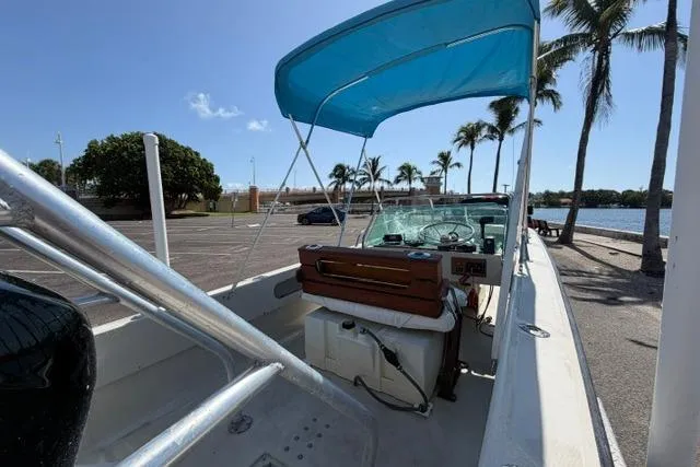 Slide: The Image of 1990 Boston Whaler 17 Newport boat with blue canopy, parked near palm trees by the water. - 5