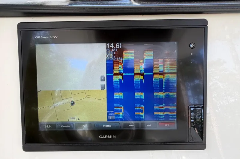 Slide: The Image of Garmin GPSMAP XSV display on 2019 Edgewater 230CC boat, showing sonar and navigation data. - 20