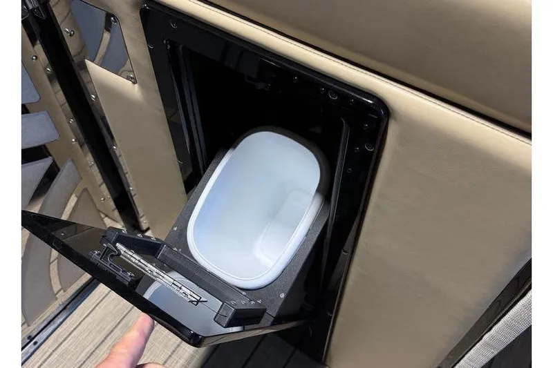 Slide: The Image of Built-in cooler compartment on Balise Halo 26C Twin boat, 2026 model. - 16