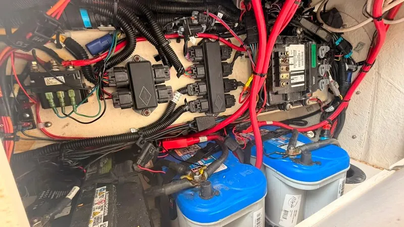 Slide: The Image of Electrical and battery system of a 2015 Mako 284 Center Console boat. - 28