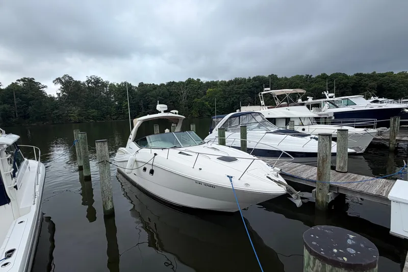 The Image of 2007 Sea Ray Sundancer 310 docked at marina, surrounded by other boats, under cloudy sky. - 0