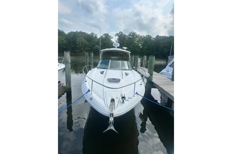 Slide: The Image of 2007 Sea Ray Sundancer 310 docked at a marina, surrounded by calm water and trees. - 3