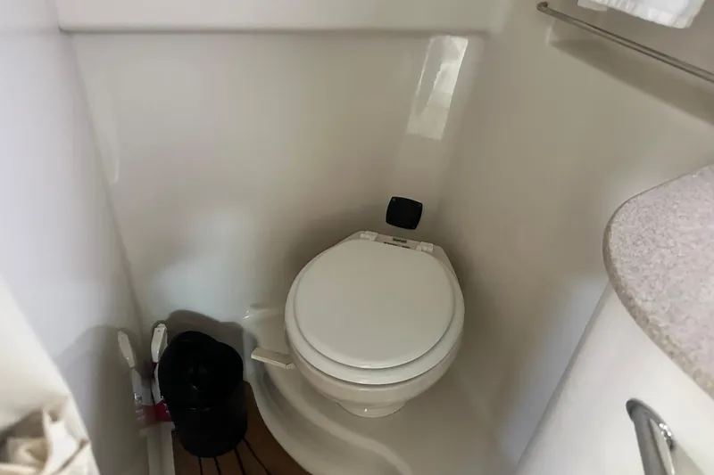 Slide: The Image of Compact bathroom in 2007 Sea Ray Sundancer 310 yacht, featuring a toilet and countertop. - 43