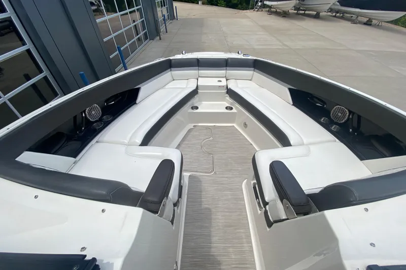 Slide: The Image of 2018 Sea Ray SLX 350 boat interior with spacious seating and modern design. - 35