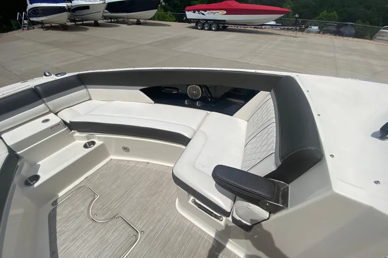 Slide: The Image of 2018 Sea Ray SLX 350 boat interior with spacious seating and modern design. - 37