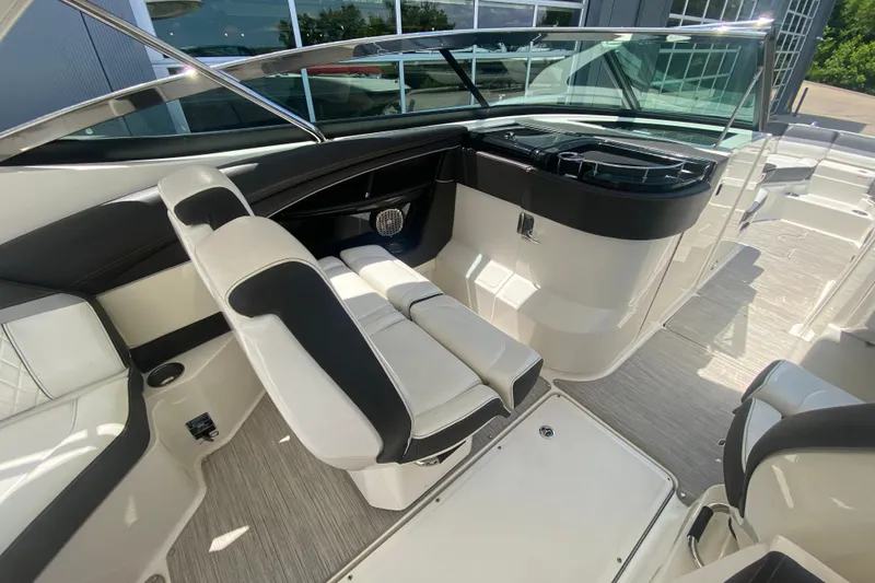 Slide: The Image of 2018 Sea Ray SLX 350 boat interior with luxurious seating and modern design. - 19