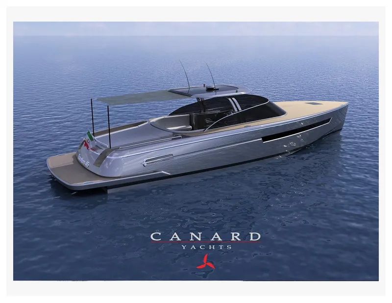 Slide: The Image of 2018 Canard Yachts eMotion HYBRID on calm sea, showcasing sleek design and modern features. - 2