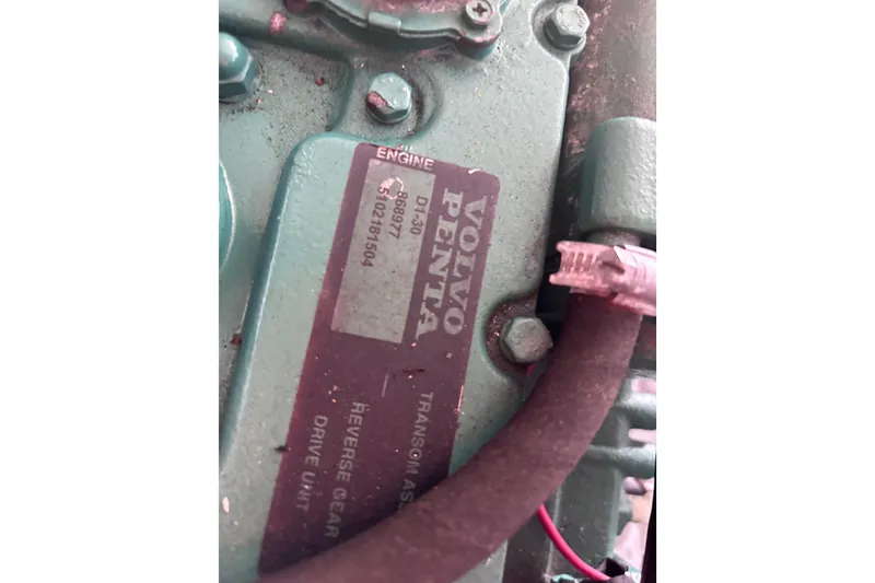 Slide: The Image of Close-up of a Volvo Penta engine label on a 1978 Swift 33. - 31
