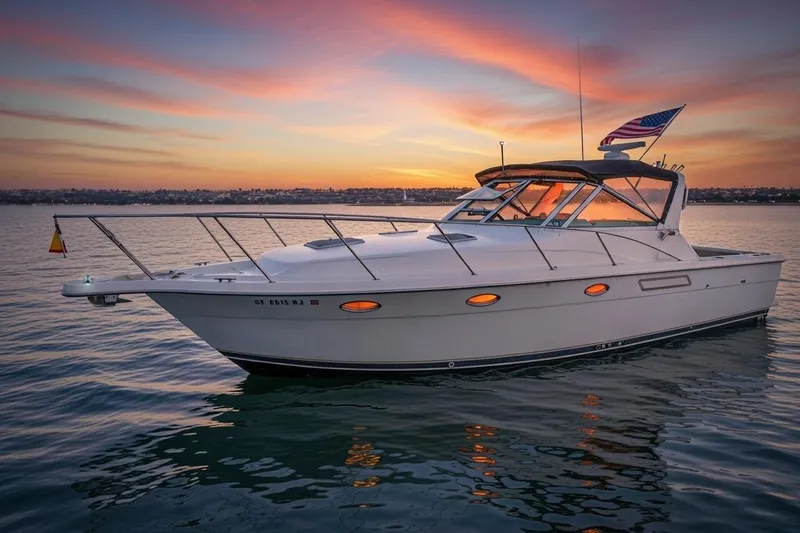 The Image of 1995 Tiara Yachts 3100 Open cruising at sunset with vibrant sky reflections. - 2