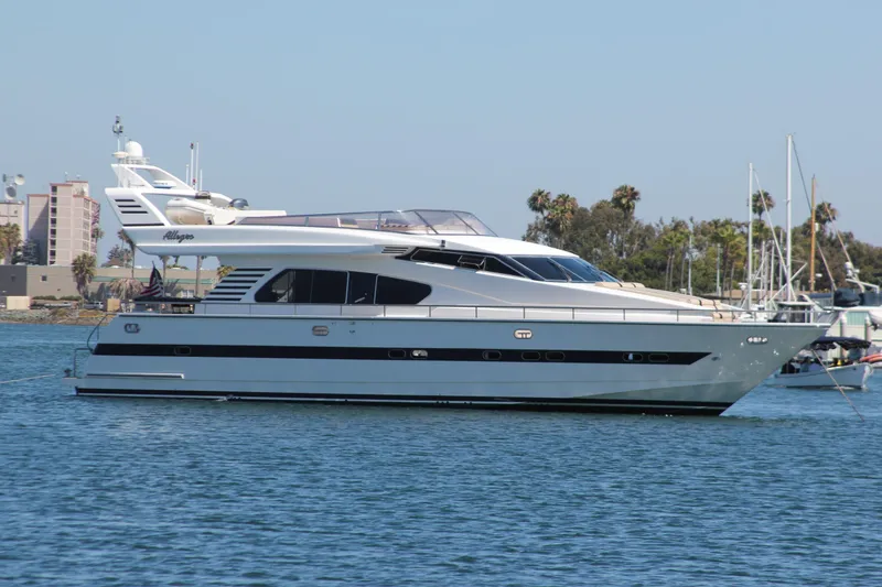 Slide: The Image of 1999 Horizon 70 Motor Yacht on calm water, with cityscape and palm trees in the background. - 1