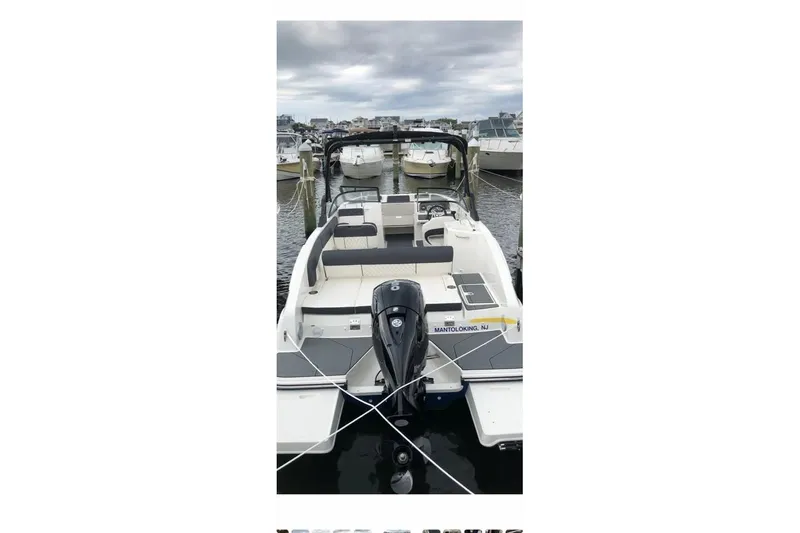 The Image of 2021 Bayliner DX 2200 boat docked at marina under cloudy skies. - 1