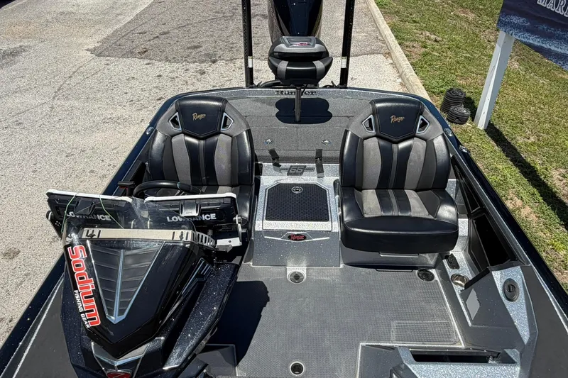 Slide: The Image of 2023 Ranger Z521R boat interior with dual seats and advanced navigation equipment. - 8