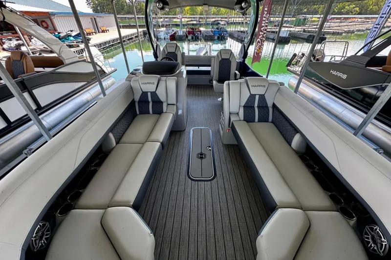 Slide: The Image of Interior of 2026 Harris Grand Mariner 250 SLDH pontoon boat with luxurious seating. - 10