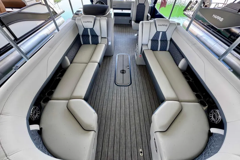 Slide: The Image of Luxurious interior of 2026 Harris Grand Mariner 250 SLDH pontoon boat with plush seating. - 9