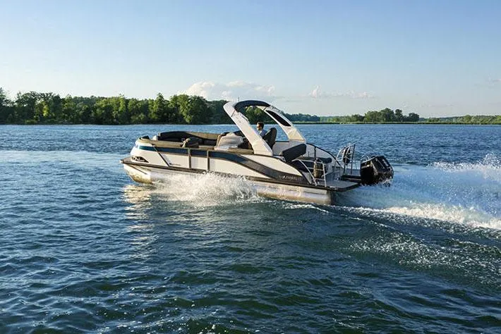Slide: The Image of Manufacturer Provided Image: Manufacturer Provided Image: 2025 Harris Grand Mariner 250 cruising on a serene lake. - 3