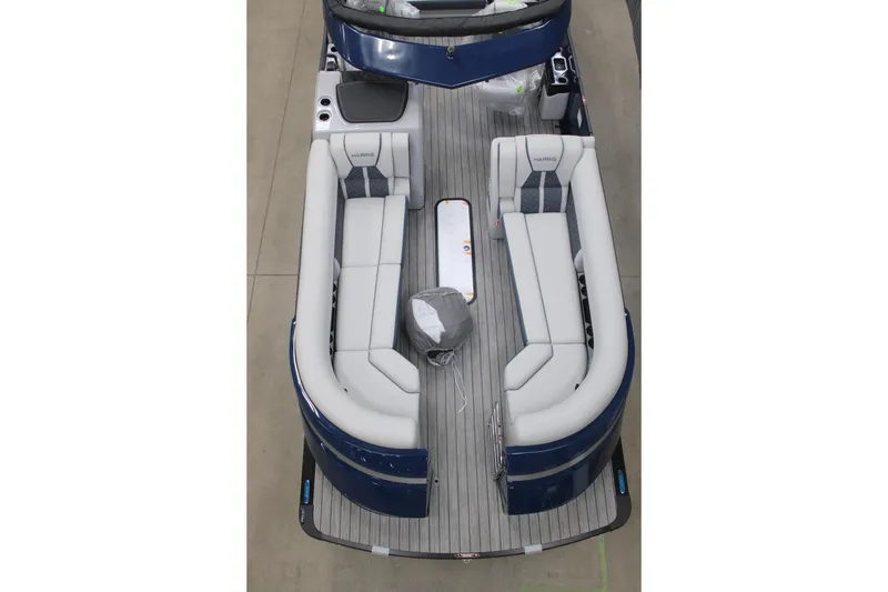 Slide: The Image of 2026 Harris Grand Mariner 250 SLDH pontoon boat with luxurious seating and sleek design. - 6